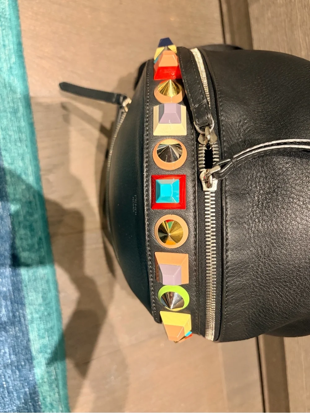 Fendi “Rainbow” Studded Leather Backpack – Black with Multicolor Studs